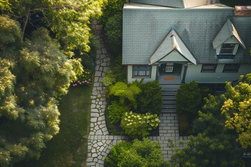 A bird's-eye perspective showcasing the timeless beauty of a charming craftsman home exterior in soft mint green, with a stone pathway.