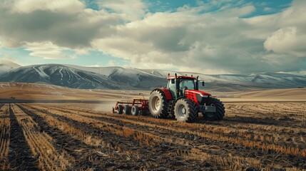 Tractor in wheat field. Tractor on a wheat field. - obrazy, fototapety, plakaty