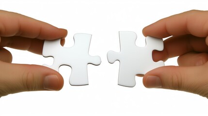 Two hands about to connect white jigsaw puzzle pieces on a white background