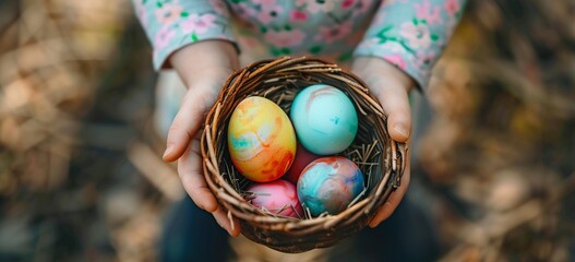 A child holding an Easter egg basket filled with pastel colored eggs