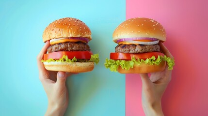 Hands holding a delicious burger on soft colored background with ample space for text placement