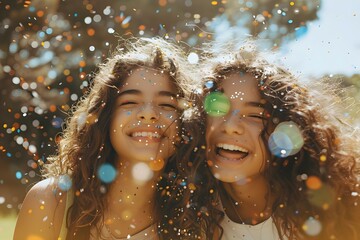 Joyful teenage girls with curly brown hair laughing and tossing confetti outside on a sunny day. Concept Outdoor Photoshoot, Playful Poses, Joyful Portraits, Colorful Props, Teenage Girls