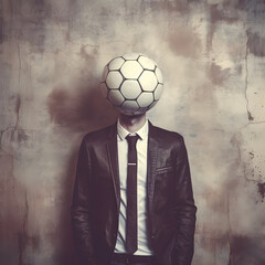 Man in suit with soccer ball head on the black and white  background. Abstract concept.