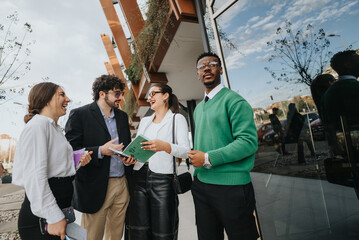 A dynamic start-up team engages in an outdoor meeting, discussing business with enthusiasm and teamwork displayed.