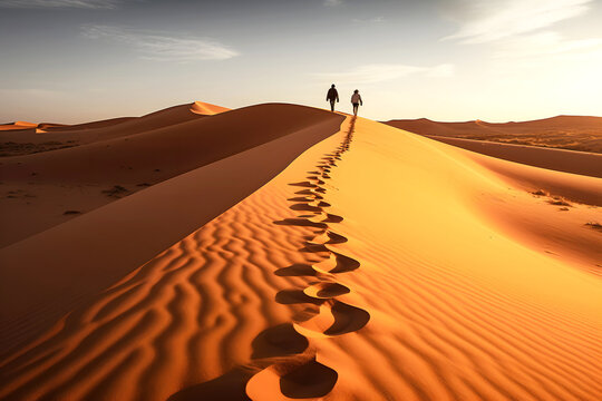 two people walk along the sands of the desert dunes. human life path concept