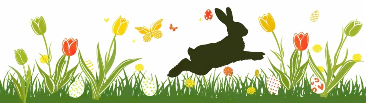silhouette of easter bunny jumping over grass with tulips and eggs