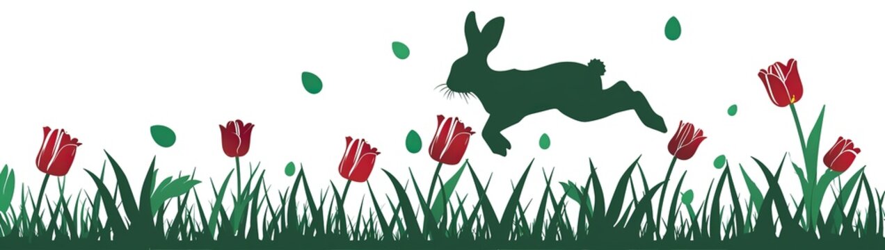 silhouette of easter bunny jumping over grass with tulips and eggs