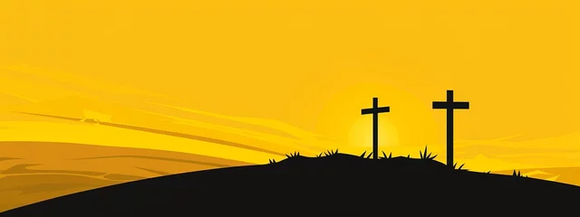 Foto op Plexiglas three crosses on the hill of cal vector silhouette, simple flat design, yellow background, black lines, easter theme, empty space in center © nikolettamuhari