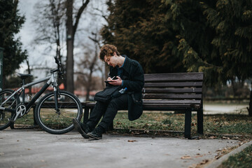 Male businessperson working remotely in a tranquil park, seated on a bench with a notebook and bicycle.