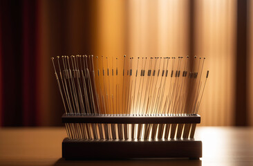 An organized display of various-sized acupuncture needles on a specialized stand, ready for use in...