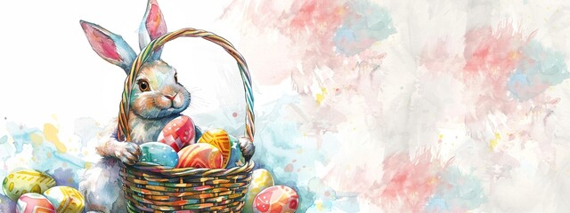 watercolor easter bunny with basket full of colorful eggs, on white background, banner for social media post, space to write text - obrazy, fototapety, plakaty