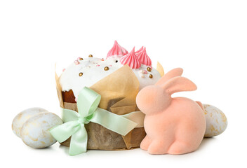 Tasty Easter cake with eggs and toy bunny on white background