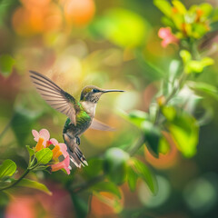 Fototapeta premium Hummingbird Hovering Near Flowers in Lush Garden