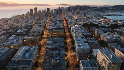 San Francisco City Aerial Sunset  - obrazy, fototapety, plakaty
