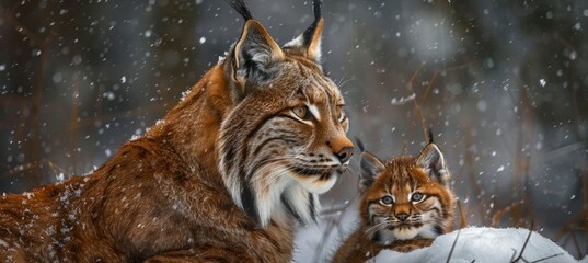 Male lynx and cub portrait with ample space on left for text, object on right side