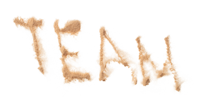 TEAM Text Word of Sand letter. Calligraphy of Sand flying explosion with TEAM text wording in alphabet english letter. White background Isolated throwing particle element object