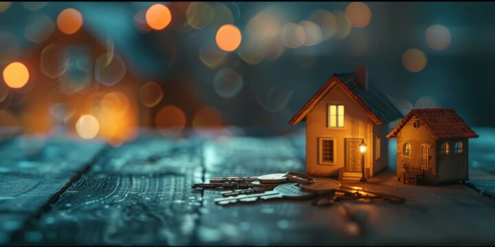 cozy miniature house and keys lights bokeh