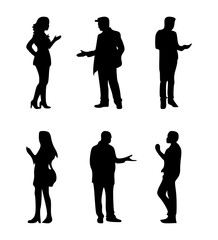 set of silhouettes of people talking on isolated background