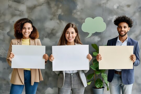 Schild Geschäftsmann Frau hält leeres Plakat Team Geschäftsmann Banner Sprechblase Textfreiraum, Konzept Kommunikation Teamarbeit Kollegen