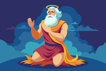 Zeus on his knees with his hands open in prayer silhouette vector art illustration