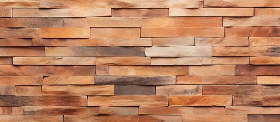 A close up of a brown wood brick wall, constructed with rectangular hardwood planks to create a brickwork pattern. Common building material for floors and flooring