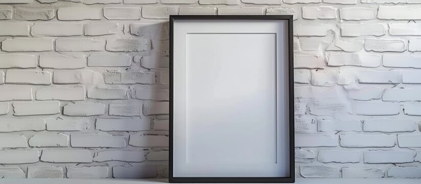 Empty picture frame on textured white brick wall.