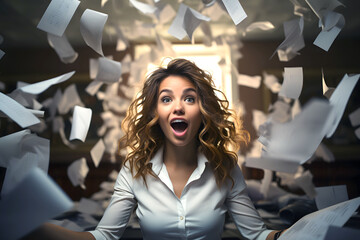 emotional business woman in a white shirt in the office among flying papers and documents. deadline. concept of solving business issues during working hours