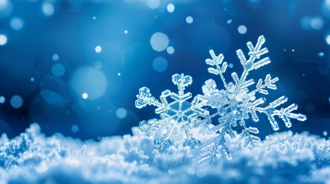  a close up of a snowflake on a blue background with a blurry boke of snow flakes.