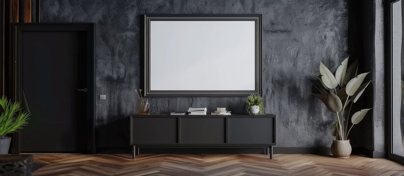 a mockup frame displayed on a cabinet in a living room with an empty dark wall background
