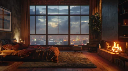 Foto op Canvas Night scene, Modern style luxury black master bedroom with city view © Koihime