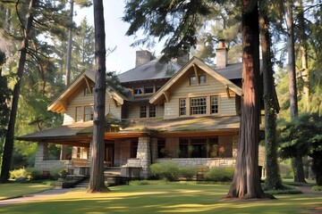 A craftsman house with a light-colored exterior, surrounded by tall trees, providing a serene and private atmosphere.