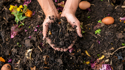 hands holding compost soil above a compost pile containing various decomposing organic materials.