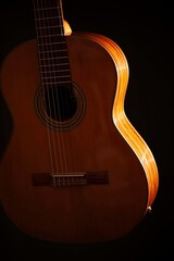 Obraz premium Classical Spanish flamenco guitar close up, dramatically lit isolated on black background with copy space.