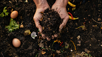 hands holding compost soil above a compost pile containing various decomposing organic materials. - obrazy, fototapety, plakaty