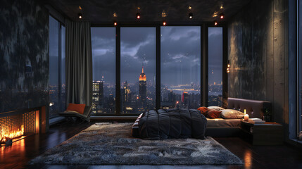 Night scene, Modern style luxury black master bedroom with city view