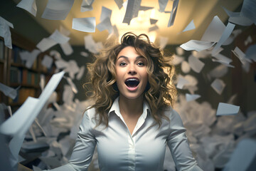 emotional business woman in a white shirt in the office among flying papers and documents. deadline. concept of solving business issues during working hours