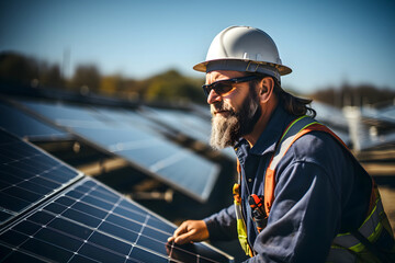 Obraz premium male worker installing solar energy panel in a field at sunset. renewable energy concept. ecology. energy industry