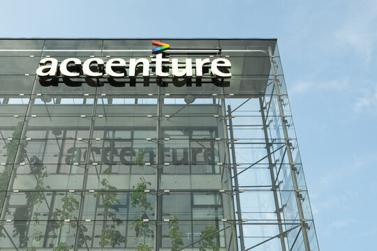 Prague,CZ -26.08.2019: Logo on Accenture Headquarters In Prague. Consulting corporation. EDITORIAL