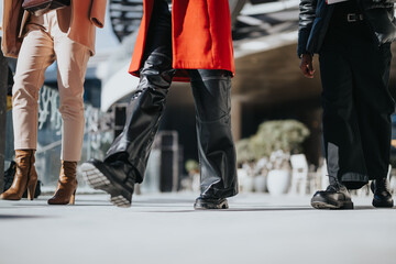 Low angle view of a group of people walking on a city street, capturing movement and urban fashion styles.