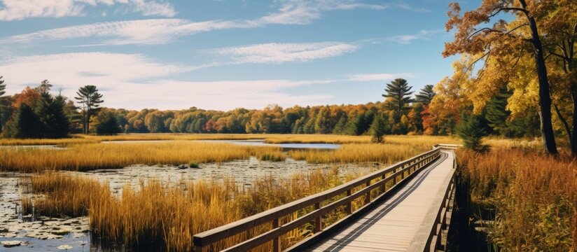 A wooden walkway winds through a marsh, leading to a tranquil lake surrounded by lush greenery and under a clear blue sky