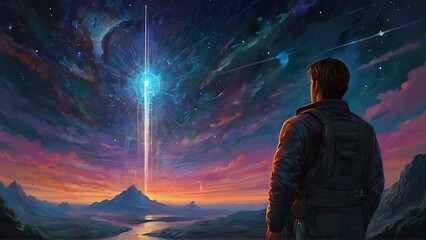 A shimmering, ethereal silicon sentinel gazes out into the cosmos, a towering figure in an otherworldly landscape. This description is for a digital painting that captures the celestial beauty of the 