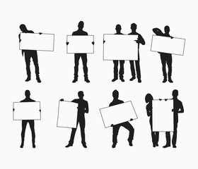  vector silhouette of young people holding banner or blank card 