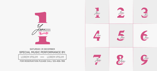 Set of Anniversary Logotype with pink ribbon, pink color can be use for special day celebration