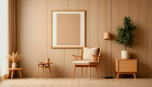 Room interior mock up in beige tones with wooden chair and wood panel created with generative ai