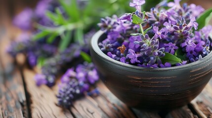 Lavender flowers in mortar on table   ingredient for creating natural, organic cosmetics