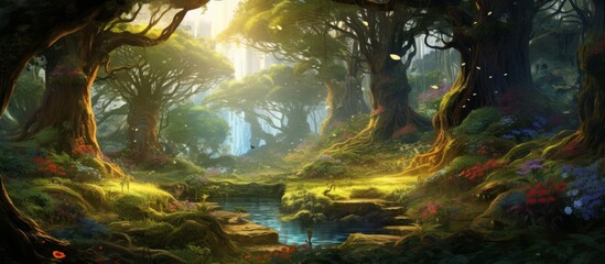 The sun shines through the trees in a lush green forest, creating a beautiful natural landscape filled with towering trees, lush grass, and serene waters - Powered by Adobe