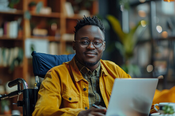 Happy Black Man in Wheelchair Working on Laptop Computer in Office
