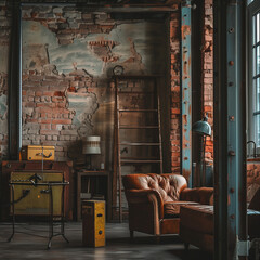 Elegant Loft Interior with Vintage Brick Wall and Classic Furniture