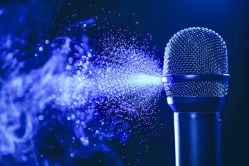 Close Up of Microphone with Abstract Soundwave Visualisation Against Blue Background