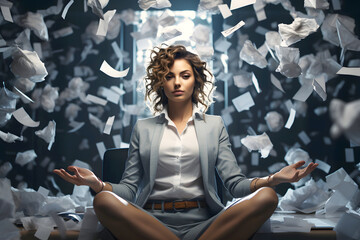 business woman in the office among flying papers and documents. deadline. concept of workload and solving business issues during working hours - obrazy, fototapety, plakaty